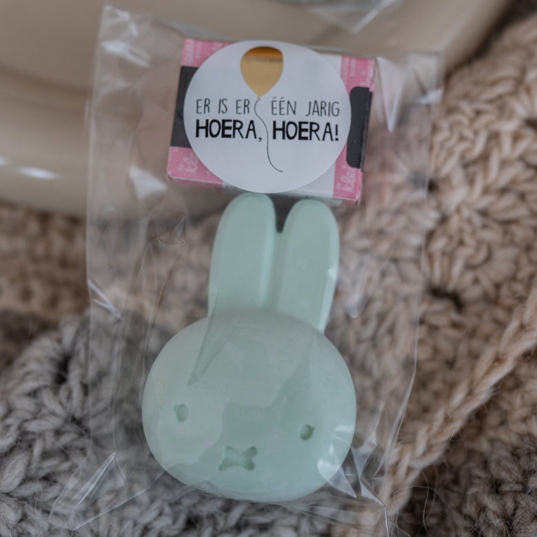 Nijntje stoepkrijt traktatie met rozijntjes en sticker op het zakje