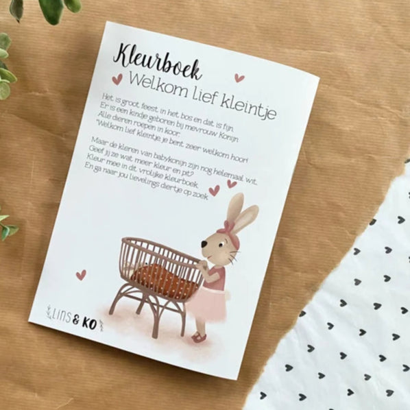 Geboorte kleurboekje roze konijntje - stoepkrijtmeid